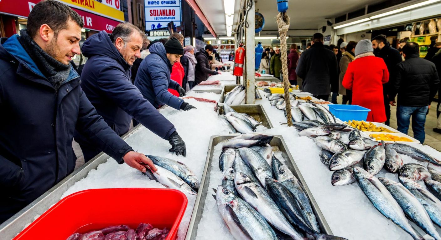A bustling Turkish fish market in December, with fresh, glistening palamut fish displayed on ice, surrounded by vendors in warm coats and customers eagerly selecting their catch.