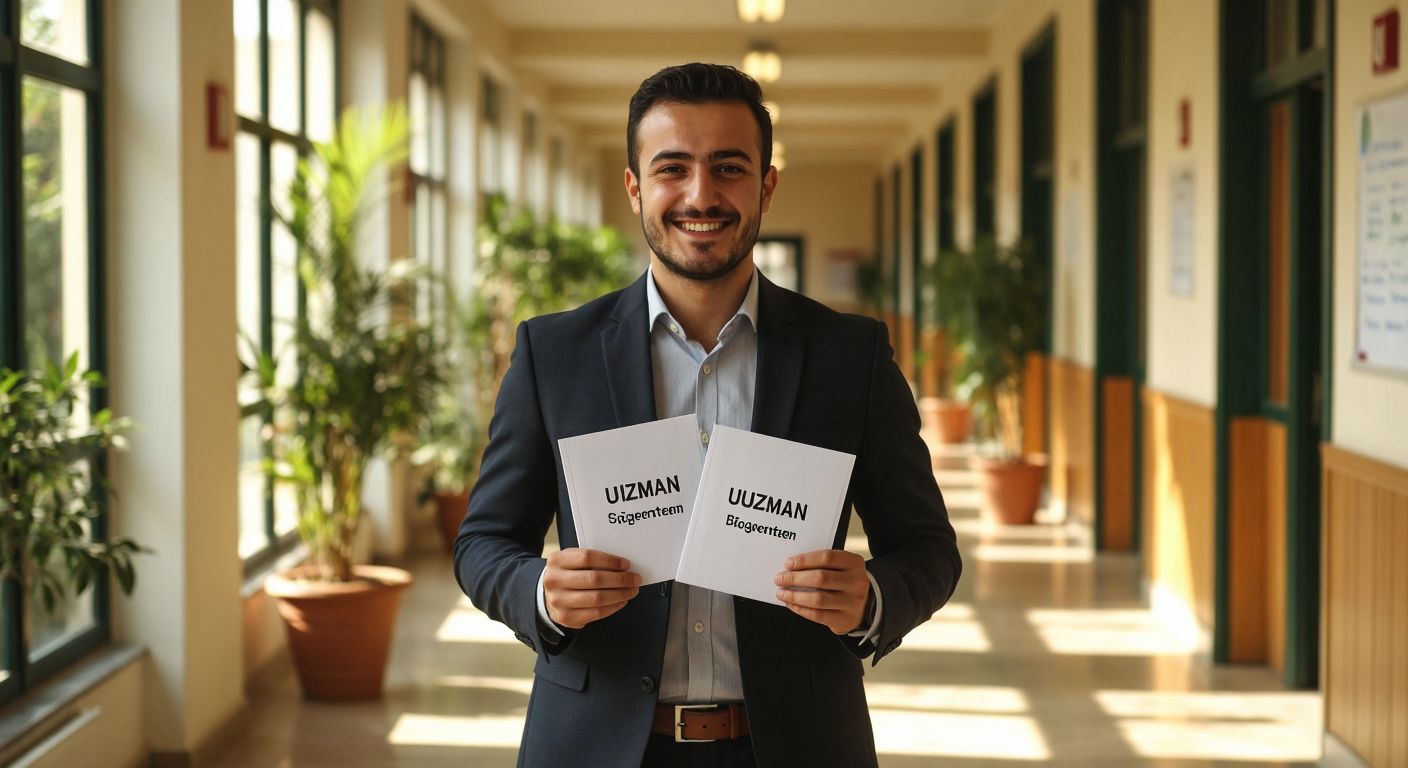 A confident Turkish teacher in a neat suit smiles while holding two separate envelopes labeled "Uzman Öğretmen" and "Başöğretmen," standing in a sunlit school corridor with potted plants.