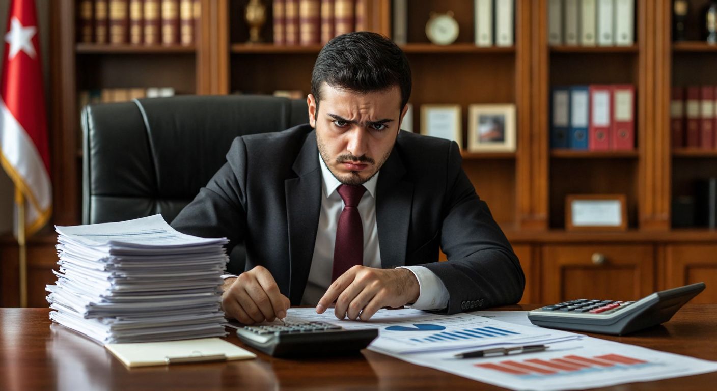 A Turkish accountant in a formal office setting frowns at a stack of financial documents while pointing at a calculator, with a chart showing rising inflation rates in the background.