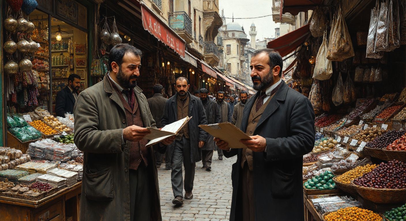 A weary Turkish shopkeeper in a bustling bazaar holds a ledger with crossed-out entries while a sympathetic banker gestures toward a revised payment plan.  

(Note: The ledger is implied as a visual prop without legible text or symbols.)