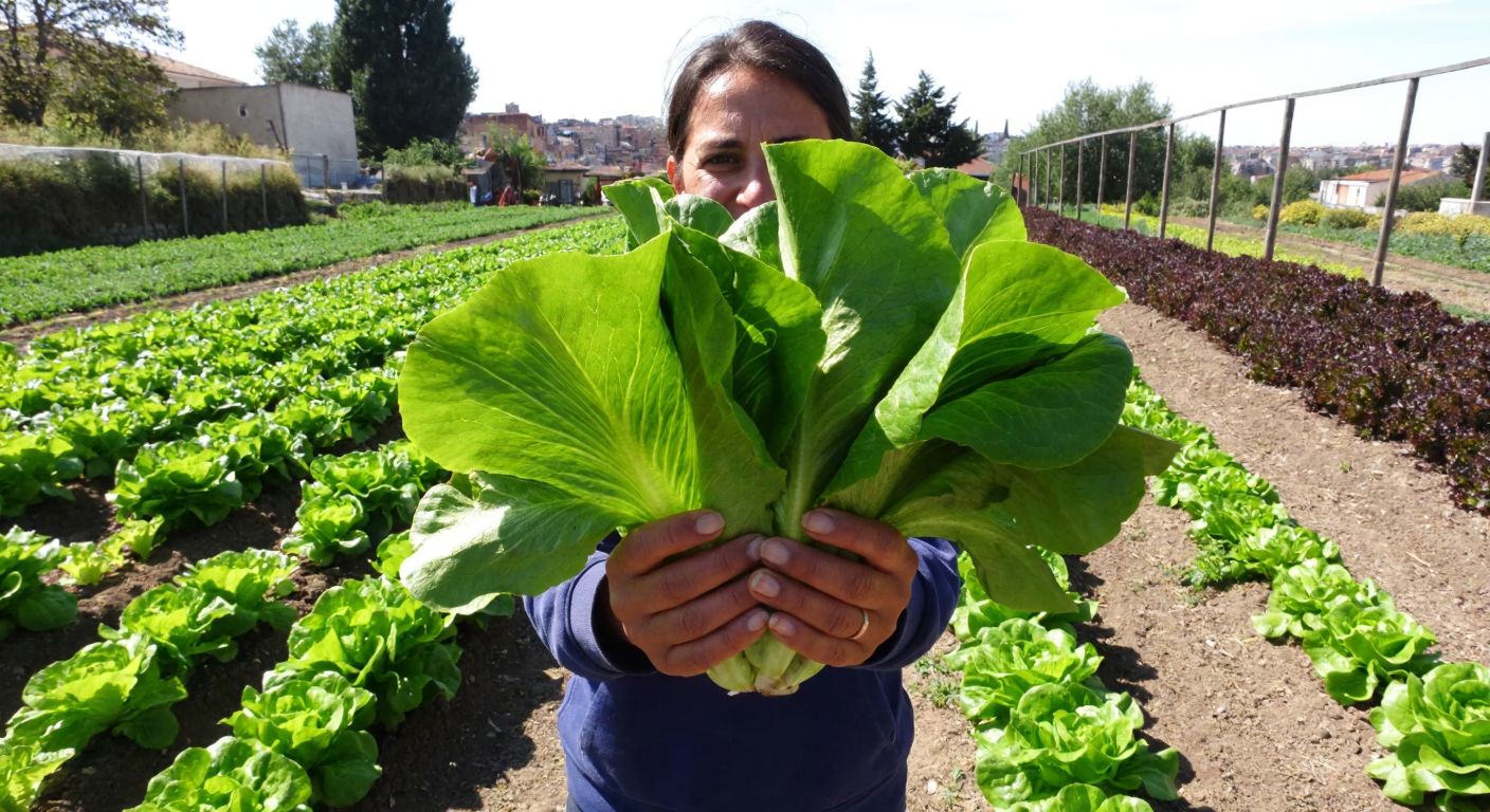 A vibrant farmer in a sunlit Yedikule garden proudly holding a large, fresh Adranita Yedikule lettuce with wide green leaves, surrounded by rows of thriving lettuce plants.