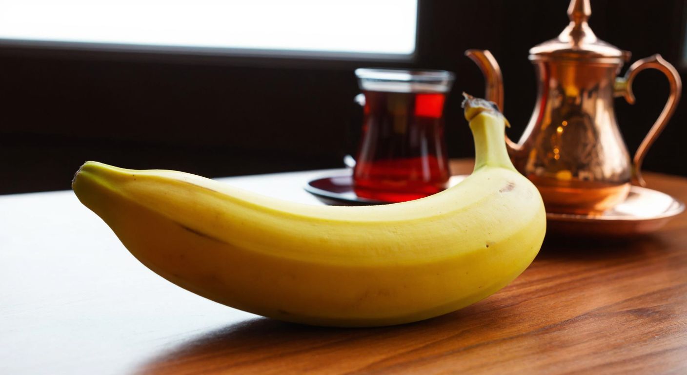 A vibrant yellow banana, larger than usual, resting on a wooden table with a traditional Turkish tea set in the background.