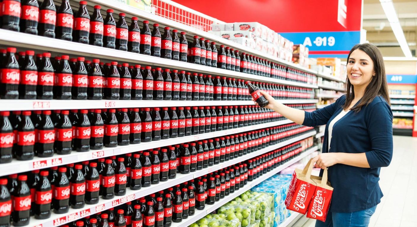 A bright A101 supermarket shelf in Turkey stocked with rows of Sarıyer Şekersiz Kola bottles, their red-and-white labels standing out, while a smiling shopper in casual attire reaches for one.