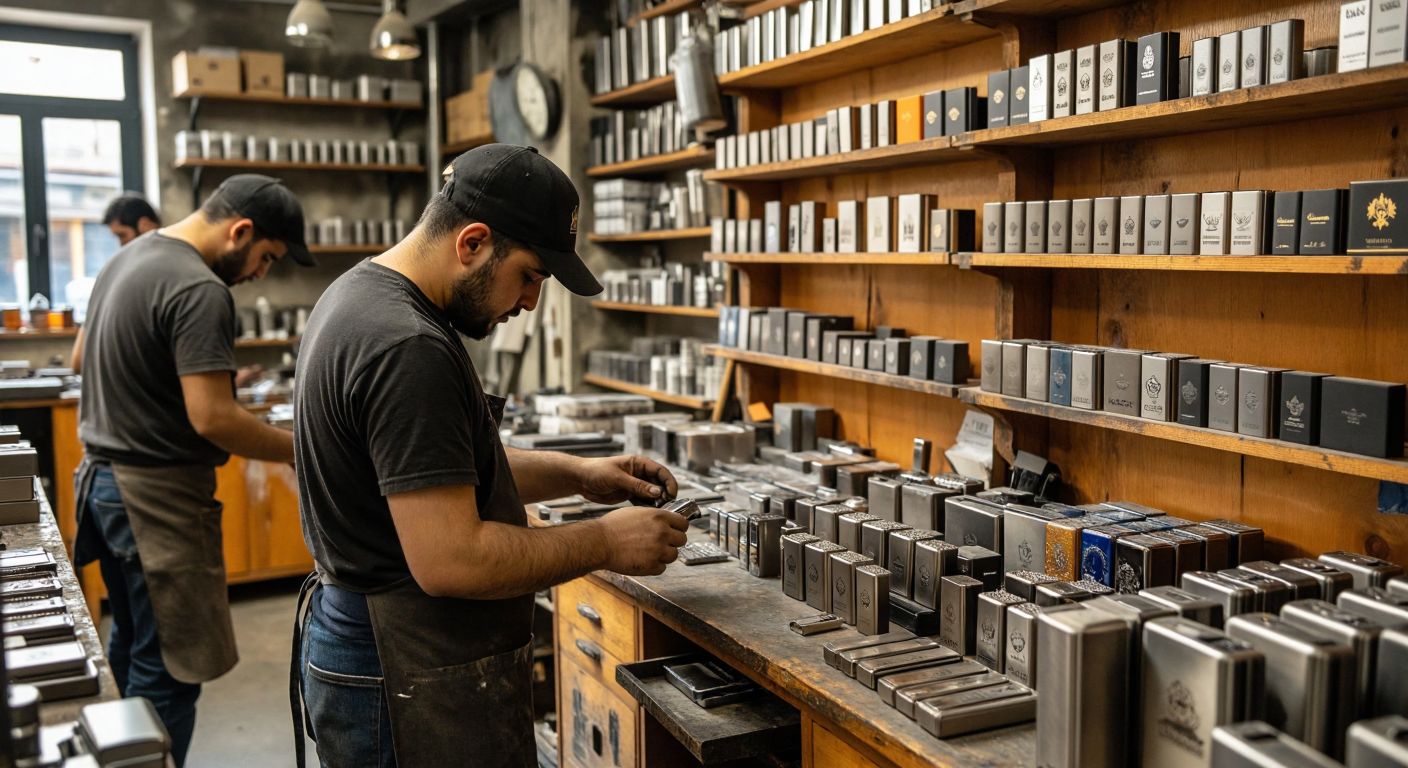 A bustling Istanbul workshop with skilled artisans engraving company logos onto sleek metal lighters, surrounded by neatly stacked promotional lighter samples on wooden shelves.
