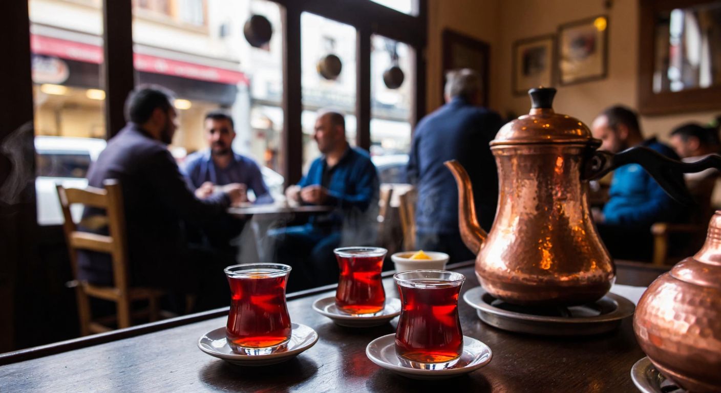 A bustling Turkish coffeehouse with men in casual attire sipping steaming tulip-shaped glasses of dark red tea on small saucers, while a copper tea kettle simmers on a traditional stove in the background.