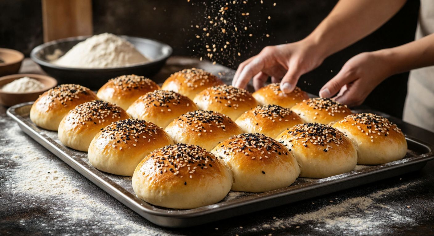 A warm Turkish kitchen with golden-brown roll breads fresh from the oven, arranged on a tray with sesame and black cumin seeds sprinkled on top, while hands dusted with flour shape dough nearby.