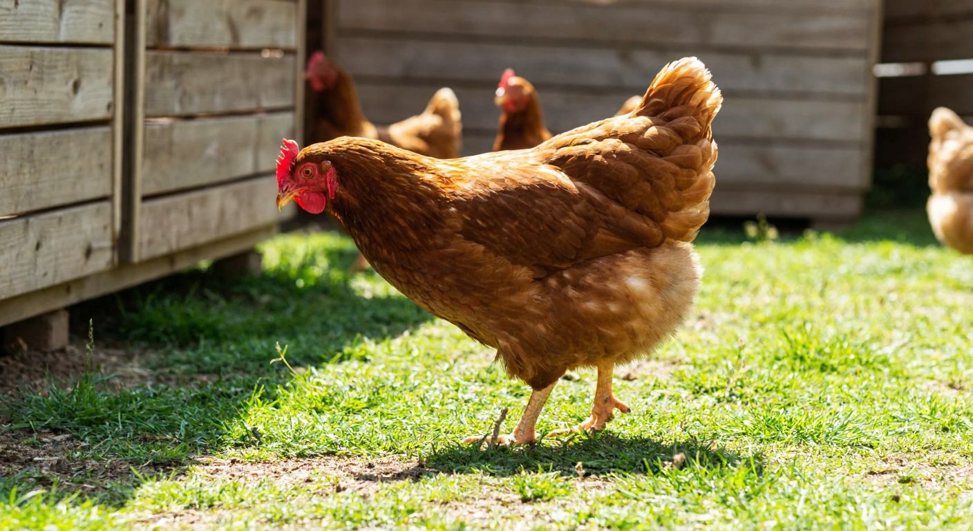 A plump, healthy Saso chicken pecking at the ground in a sunny Turkish farmyard, surrounded by green grass and wooden coops.