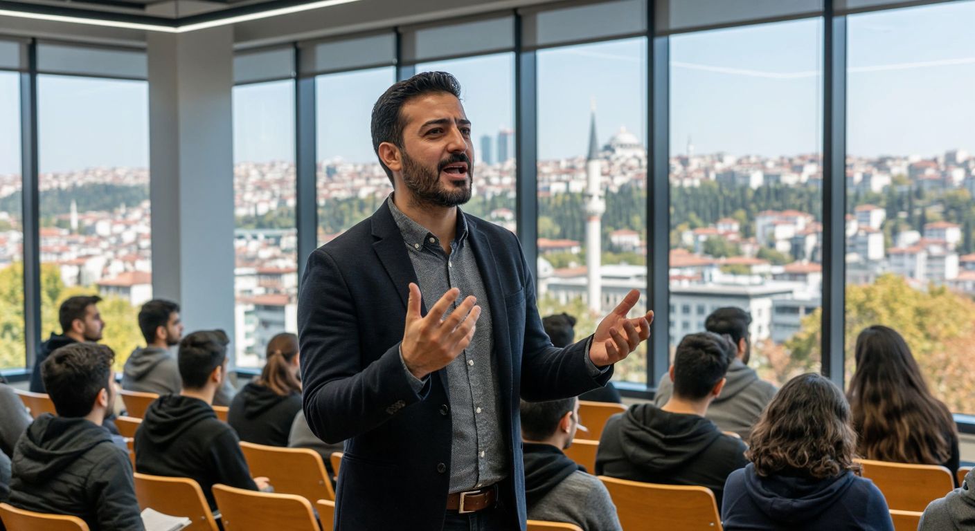 A confident middle-aged Turkish man with a neat beard stands in a modern university lecture hall at Bahçeşehir University, gesturing passionately while students listen attentively, with Istanbul's skyline visible through large windows.