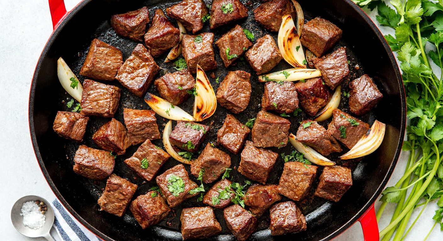 A sizzling cast-iron pan filled with golden-brown cubed beef pieces, glistening with juices, surrounded by fresh herbs and sliced onions, evoking the rich aroma of Georgian-style sautéed meat.