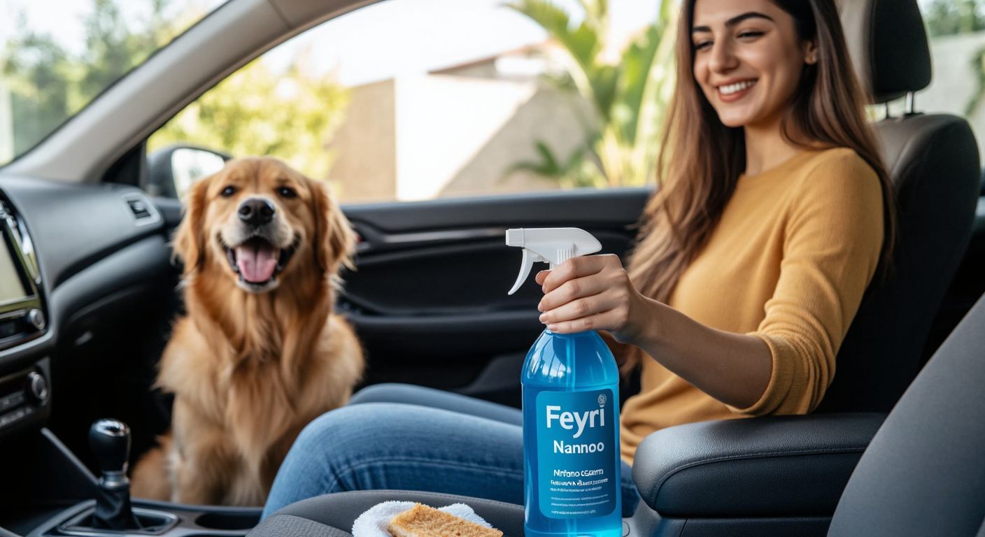 A Turkish woman in a bright, modern home sprays a sleek blue bottle of Feyri Nano Cleaner onto a car seat, while a happy golden retriever watches nearby, surrounded by spotless surfaces.