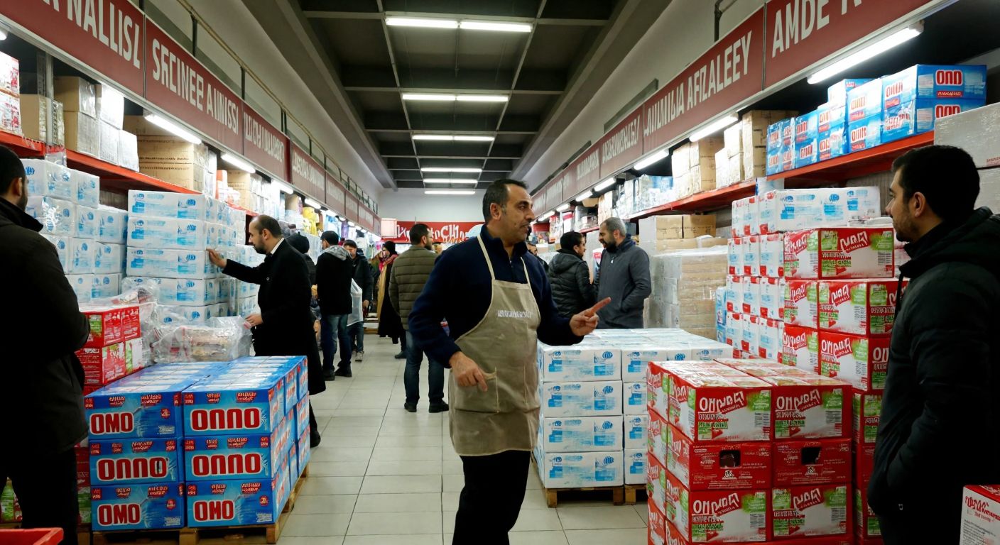 A bustling Turkish wholesale market with stacks of Omo detergent boxes, a merchant in an apron gesturing toward them, and customers examining the products under bright fluorescent lights.