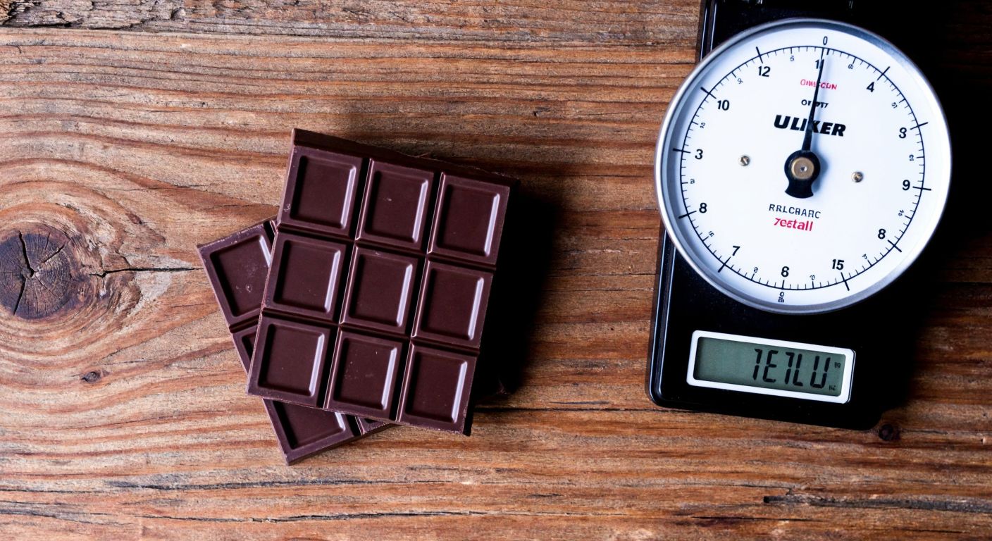 A single square of Ülker bitter chocolate rests on a rustic wooden table in Turkey, with a small kitchen scale beside it showing the weight.