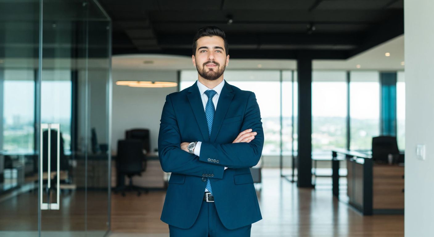 A confident Turkish businessman in a sleek suit stands proudly in a modern office, symbolizing leadership and success.