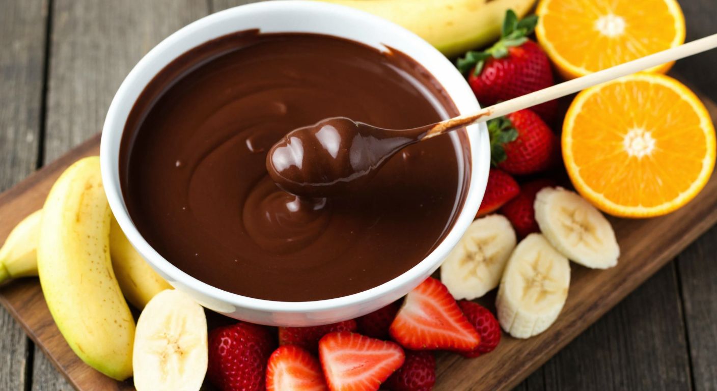 A warm, bubbling pot of melted chocolate fondue sits on a rustic wooden table, surrounded by fresh slices of strawberries, pears, bananas, and oranges, with a wooden skewer dipped into the glossy chocolate.