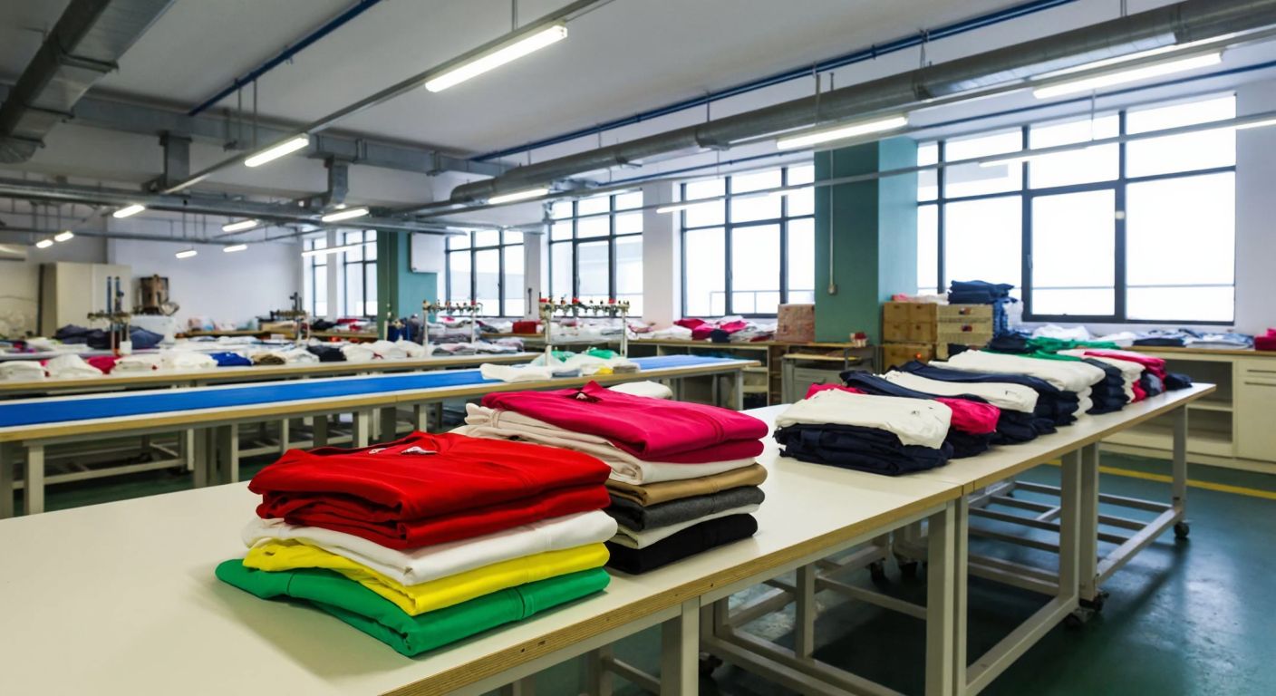 A modern textile factory in Istanbul’s Kağıthane district, with neatly stacked colorful garments like blouses, dresses, and jackets on production tables, reflecting the company’s diverse product range.