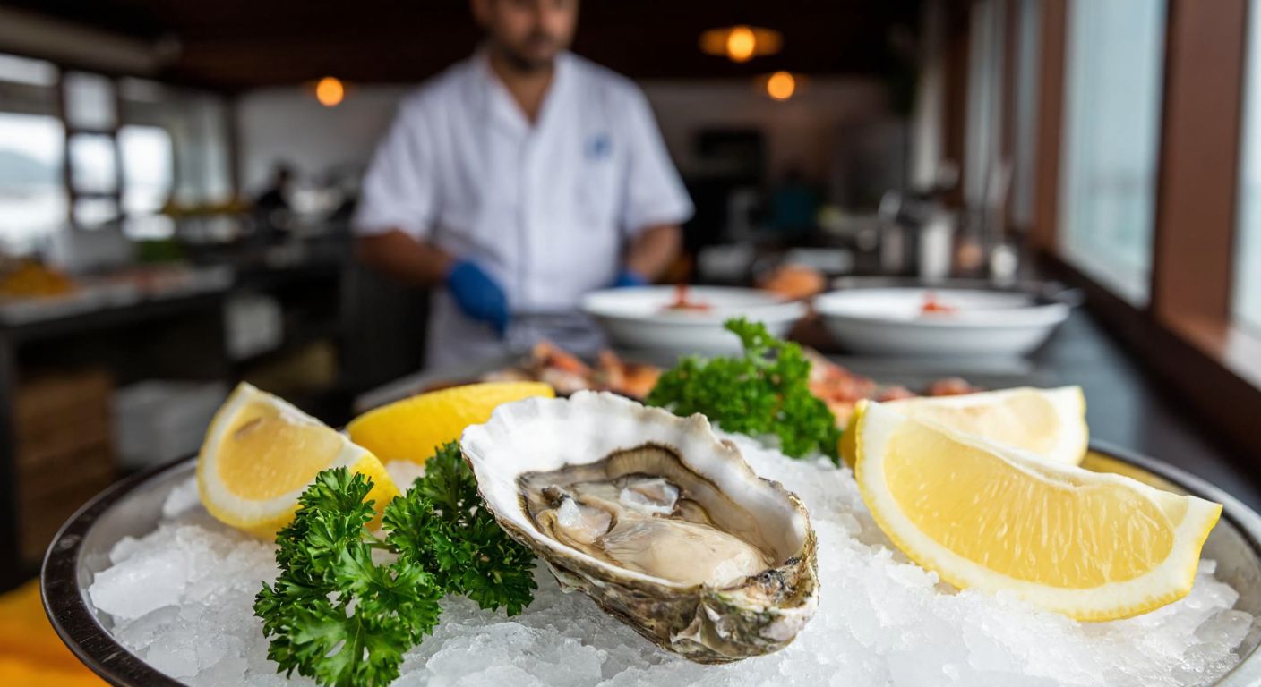 A fresh oyster on a bed of ice, surrounded by lemon wedges and parsley, with a Turkish coastal restaurant in the background where a chef in a white apron carefully prepares seafood dishes.