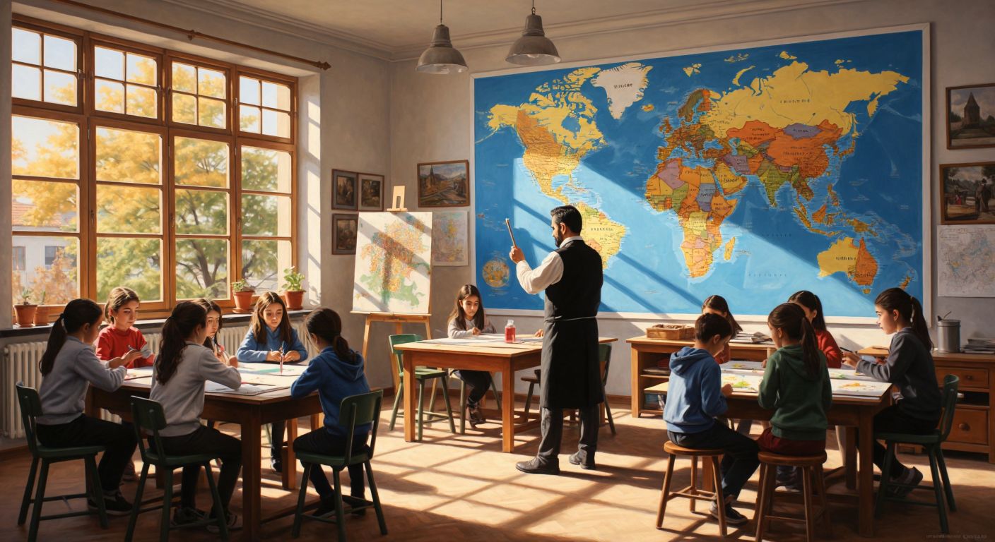 A sunlit Turkish middle school classroom with students engaged in various activities—one group painting in an art corner, another conducting a science experiment, and a teacher pointing at a world map on the wall.