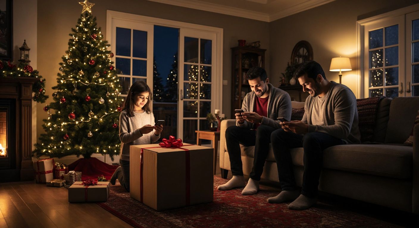 A festive living room in Turkey with a wrapped Christmas tree box by the door, a family eagerly checking their phones for delivery updates, and warm holiday decorations in the background.