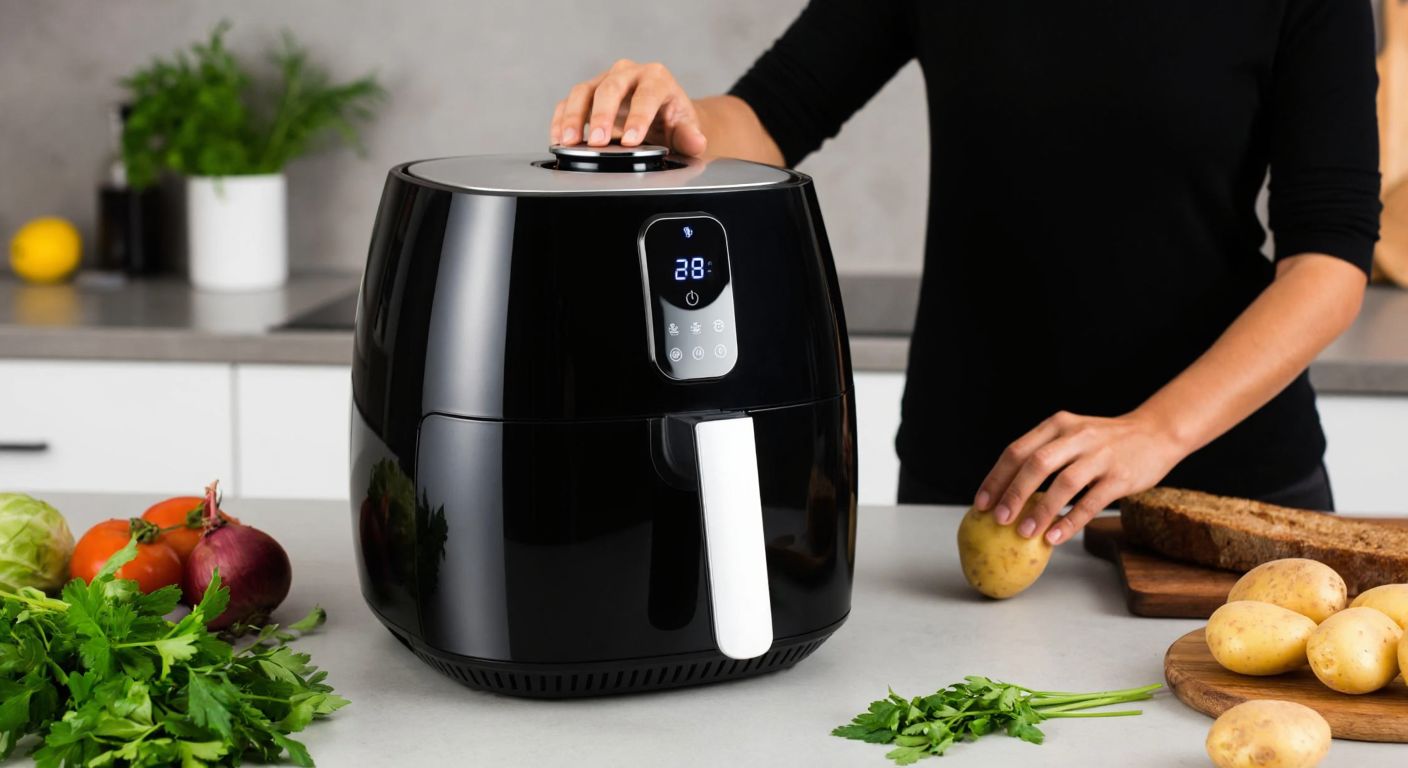 A modern Turkish kitchen with a Philips Airfryer XXL placed on a countertop, surrounded by fresh ingredients like potatoes and herbs, while a person adjusts the temperature settings with a focused expression.