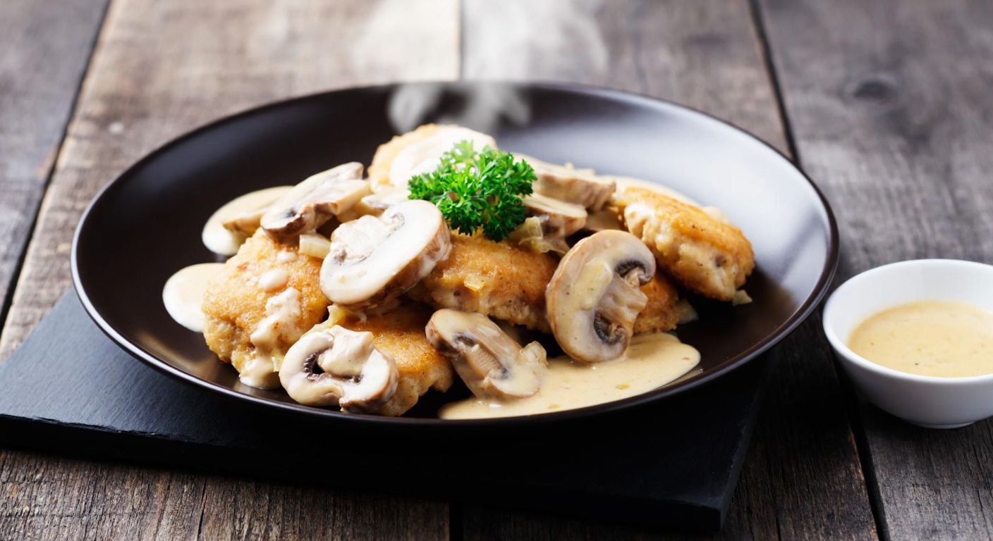A steaming plate of golden-brown mushroom chicken drizzled with creamy curry sauce, garnished with fresh parsley, set on a rustic wooden table with a small bowl of soy sauce beside it.