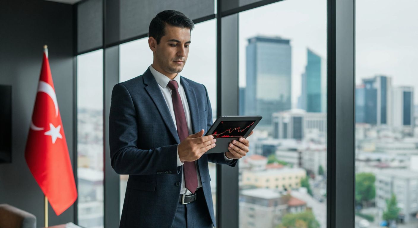 A businessman in a sleek suit stands in a modern Istanbul office, holding a tablet with a stock market graph, while a Turkish flag subtly hangs in the background.