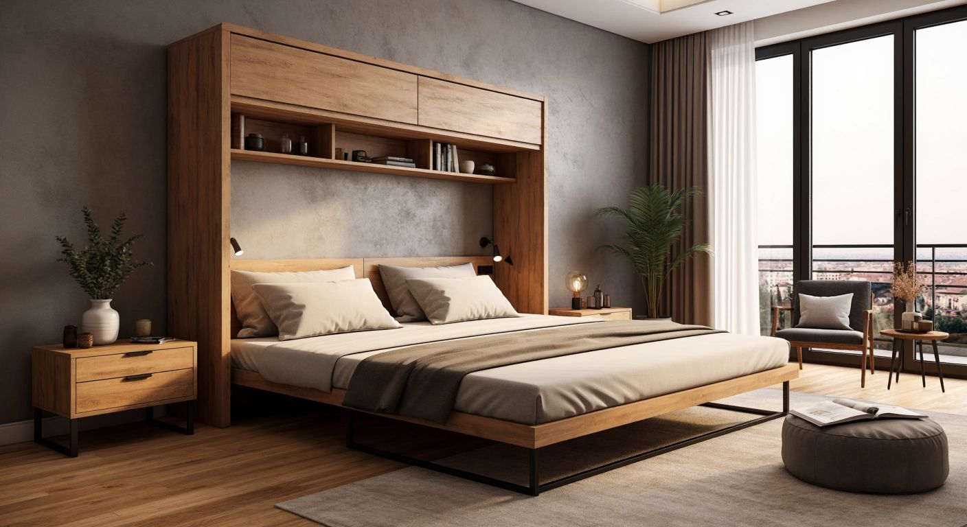 A sleek horizontal wall bed in a cozy Turkish home, folded up to reveal hidden storage compartments, with warm wooden accents and soft cushions nearby.