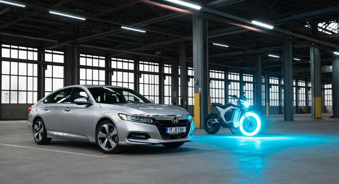 A sleek silver Honda Accord parked near a half-empty factory in Turkey, with a futuristic electric motorcycle prototype glowing blue under a spotlight in the background.