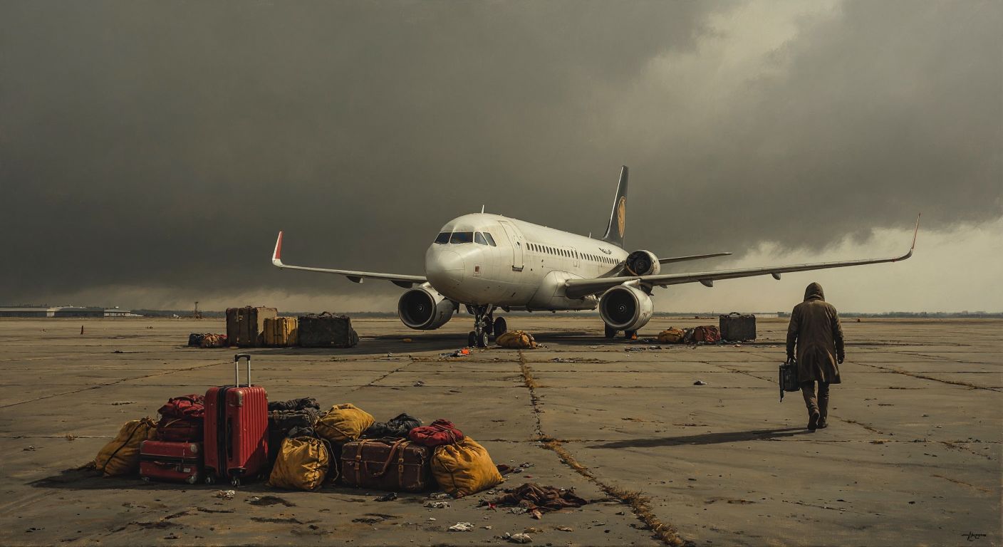 A grounded airplane with deflated tires sits abandoned on a deserted tarmac under a gray sky, surrounded by scattered luggage and a lone worker walking away with slumped shoulders.