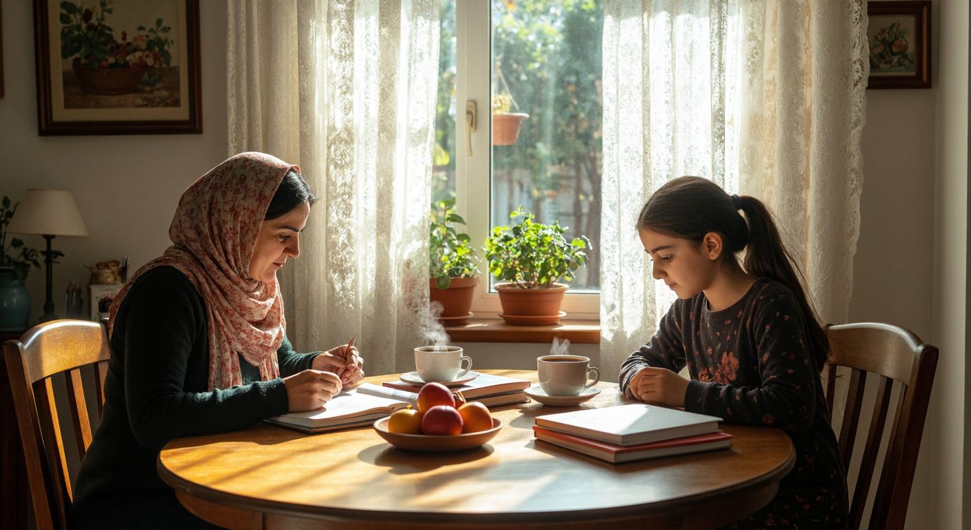 A warm Turkish mother and her teenage child sit together at a wooden dining table, reviewing study notes over cups of steaming çay, with sunlight streaming through lace curtains onto a neatly organized stack of textbooks and a bowl of fresh fruit.