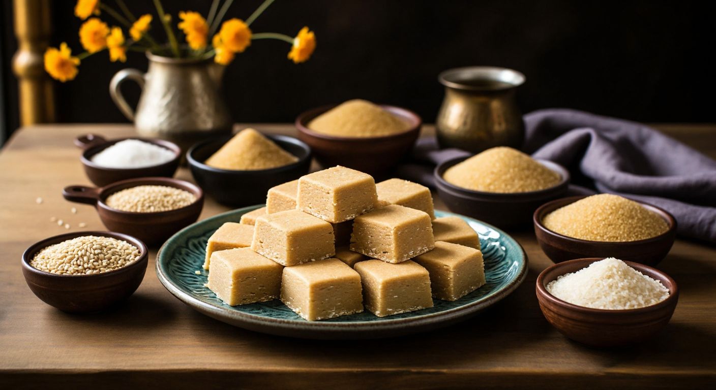 A warm Turkish kitchen with golden tahini helva arranged on a ceramic plate, surrounded by small bowls of gluten-free ingredients like sesame paste and darı irmiği, evoking comfort and tradition.