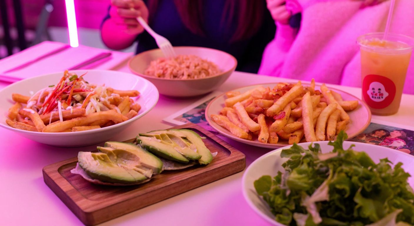 A vibrant Korean dining table with crispy french fries, a bowl of steamed rice, an avocado sandwich on a wooden board, and a fresh green salad, surrounded by soft pink lighting and a playful K-pop atmosphere.