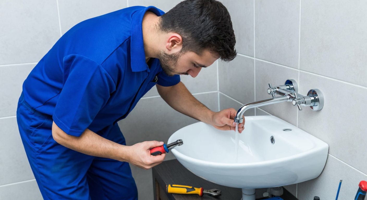 A Turkish plumber in a blue work uniform carefully installing a sleek chrome wall-mounted faucet above a white ceramic sink in a tiled bathroom, with tools scattered nearby and a focused expression on his face.