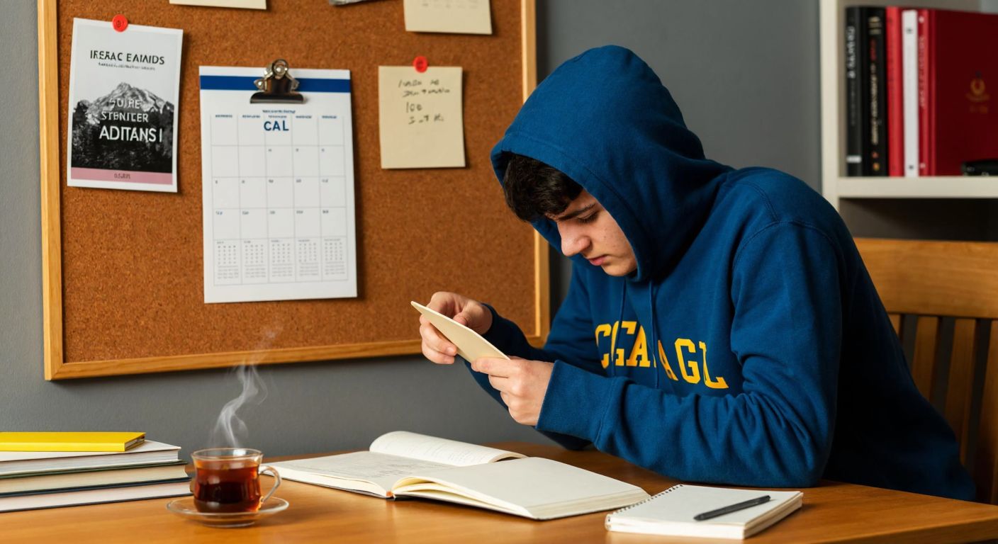 A young student in a Çağ University hoodie anxiously checks a calendar pinned to a corkboard, surrounded by scattered notebooks and a steaming cup of Turkish tea.
