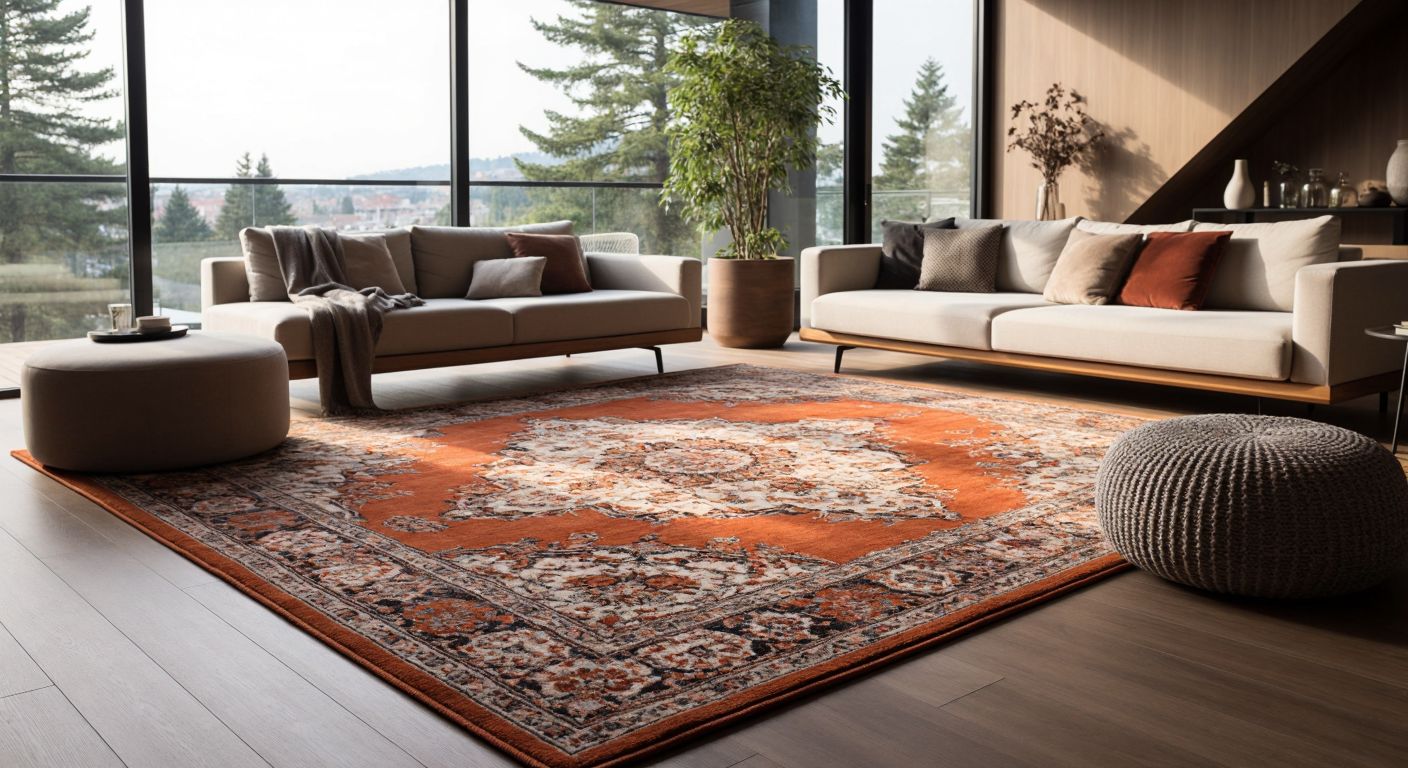 A cozy Turkish living room with a plush, thick carpet underfoot, radiating warmth and comfort, contrasted by a sleek, thin carpet in a minimalist modern space nearby.