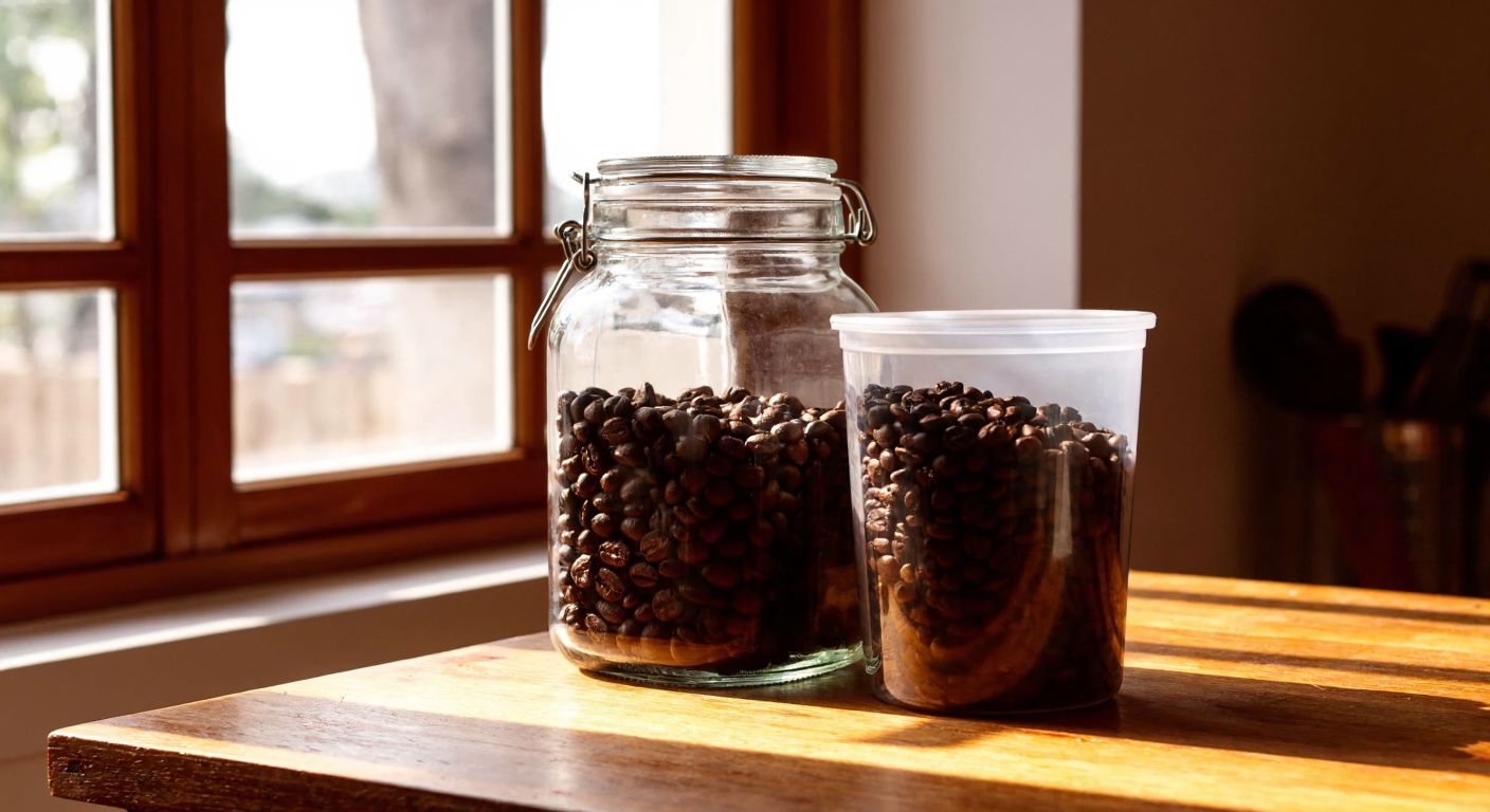 A rustic wooden table in a cozy Turkish kitchen holds two containers side by side—one a sturdy glass jar with a metal clasp, the other a lightweight plastic tub—both filled with fresh coffee beans, sunlight streaming through a nearby window.