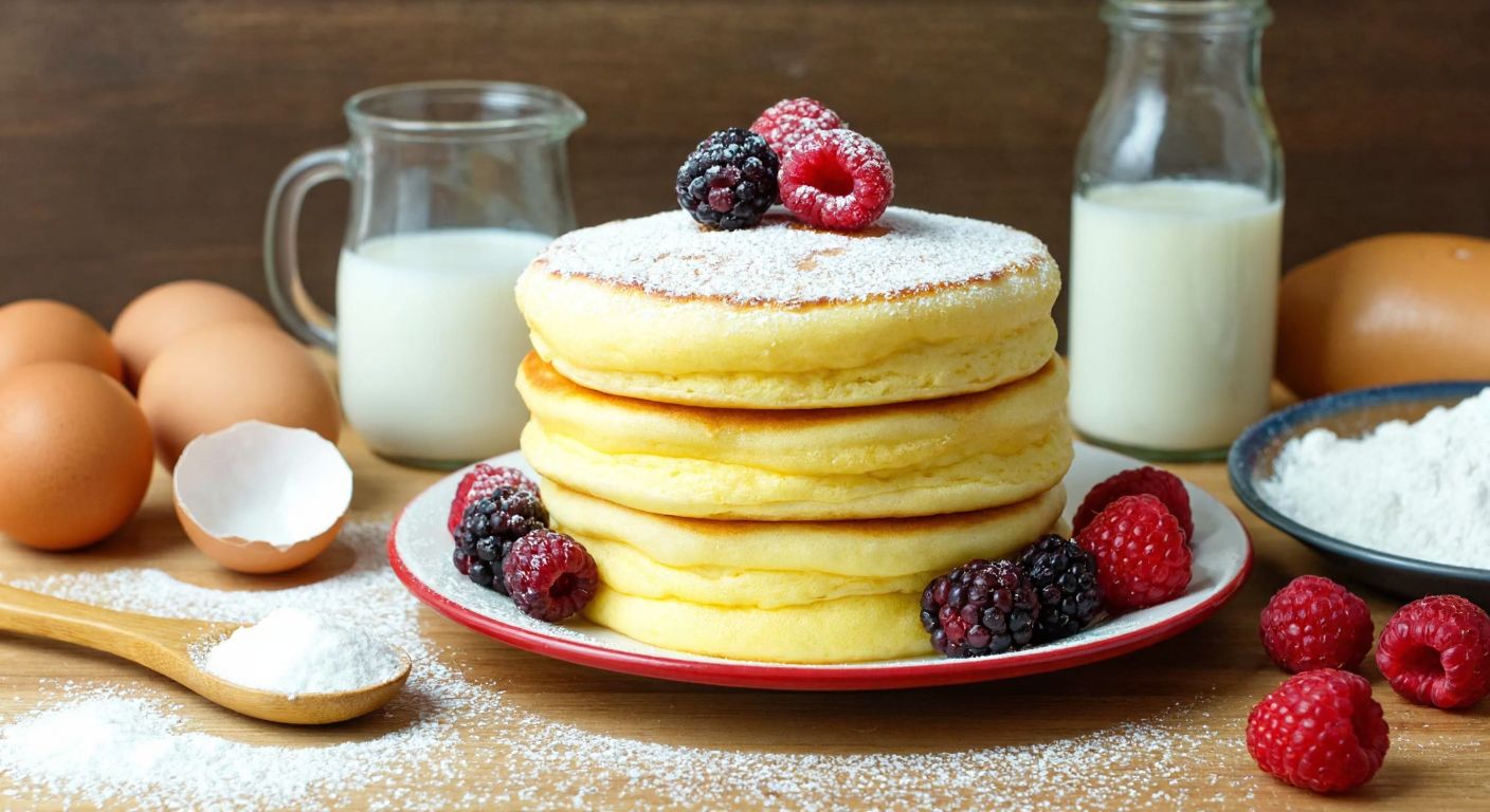 A fluffy stack of golden Japanese soufflé pancakes topped with powdered sugar and fresh berries, surrounded by raw ingredients like eggs, milk, and flour on a wooden kitchen counter.