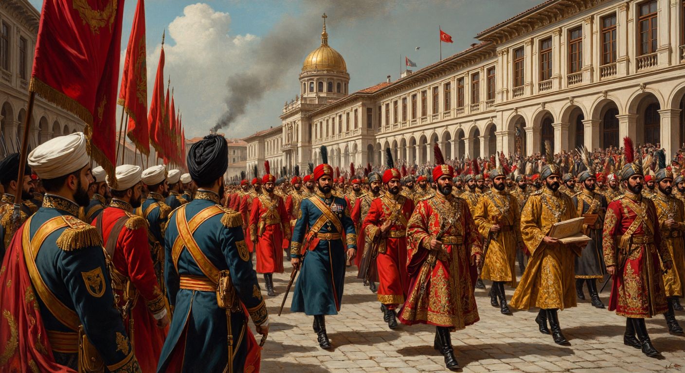 A grand Ottoman military parade with soldiers in hybrid uniforms blending traditional and European styles, marching past a newly constructed Western-style school, while diplomats in ornate robes exchange scrolls with European envoys in the background.