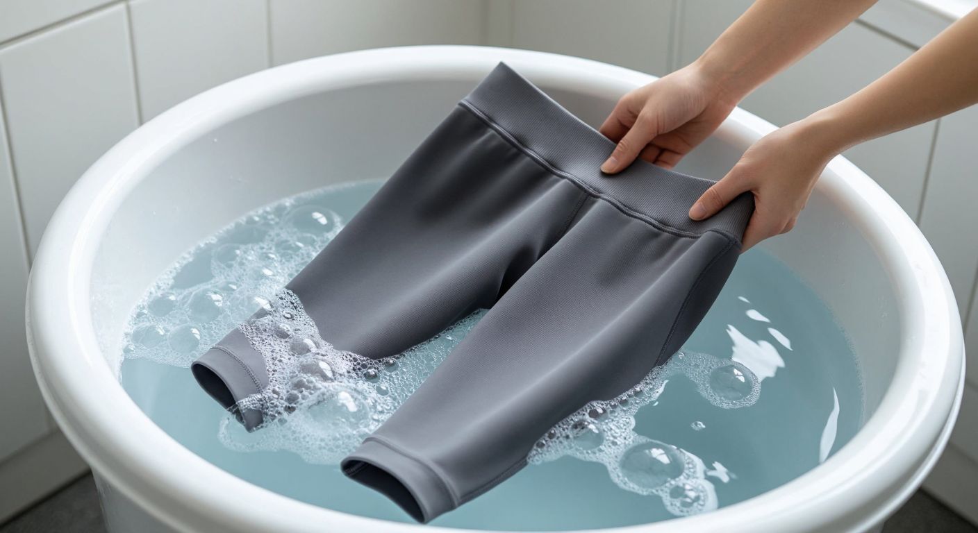 A pair of sleek gray high-waisted leggings draped over the edge of a laundry basin filled with cool water, with delicate soap bubbles floating on the surface, and a gentle hand carefully turning them inside out.