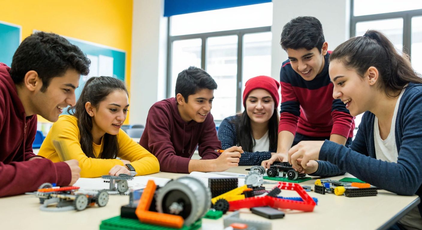A group of diverse Turkish students in a bright classroom, enthusiastically collaborating on a robotics project, with gears, circuit boards, and colorful prototypes scattered across their table, their faces lit with curiosity and excitement.