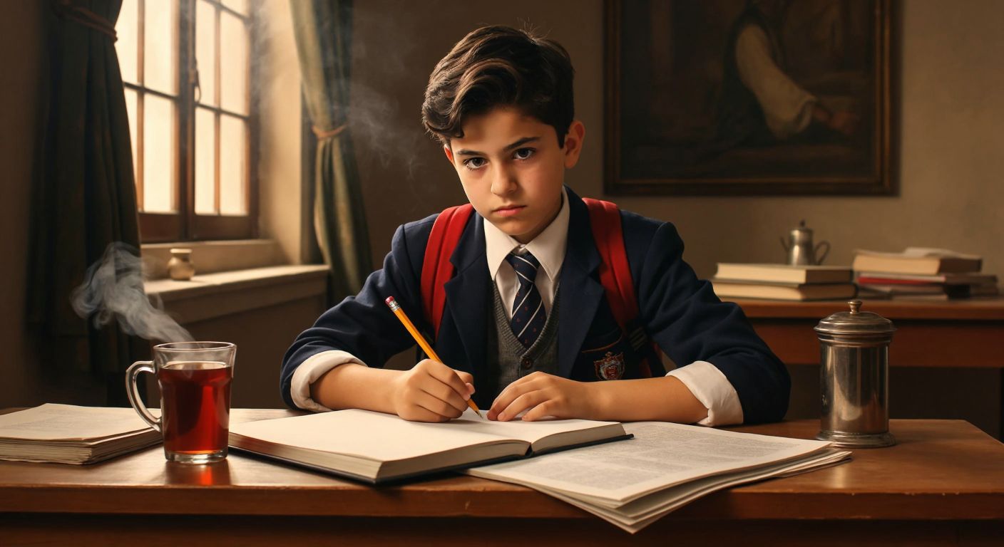 A young Turkish student in a school uniform sits at a wooden desk, frowning slightly while flipping through a thick test booklet, with a pencil in hand and a glass of çay steaming beside them.