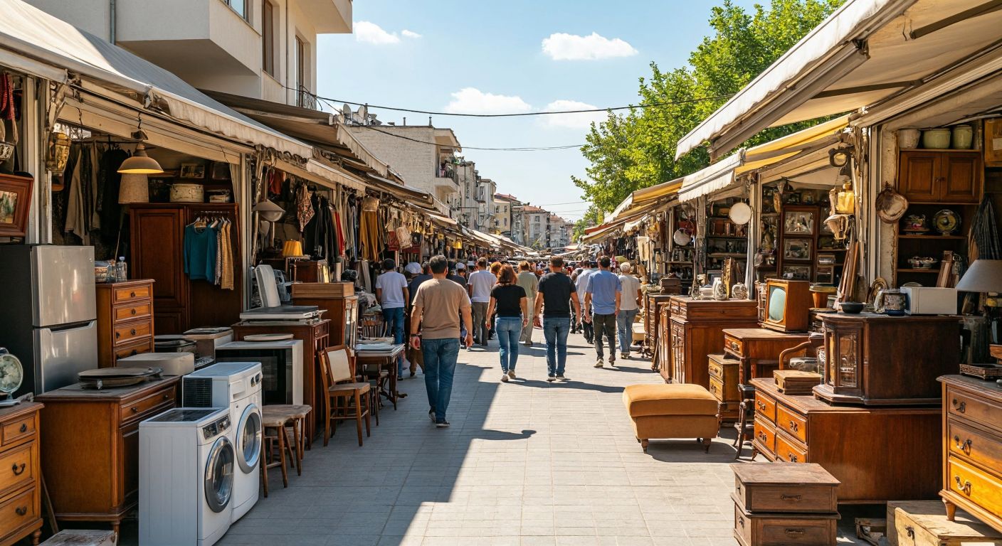 A bustling outdoor market in Turkey with crowded stalls displaying second-hand furniture, appliances, and antiques under a bright sun, where vendors and buyers haggle amid stacks of used goods.