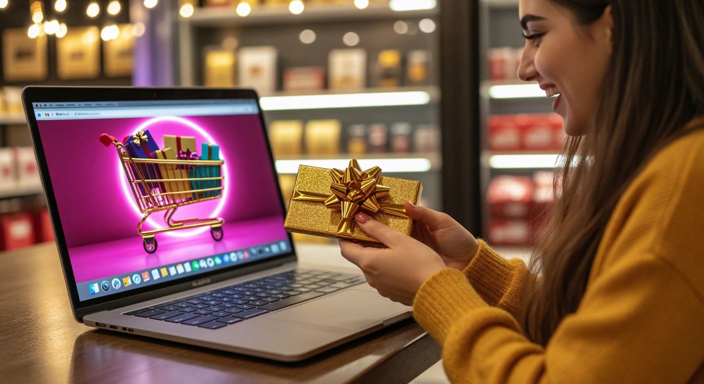 A person in Turkey excitedly holds a golden gift voucher while browsing a colorful online shopping website on a laptop, with a shopping cart icon glowing on the screen.