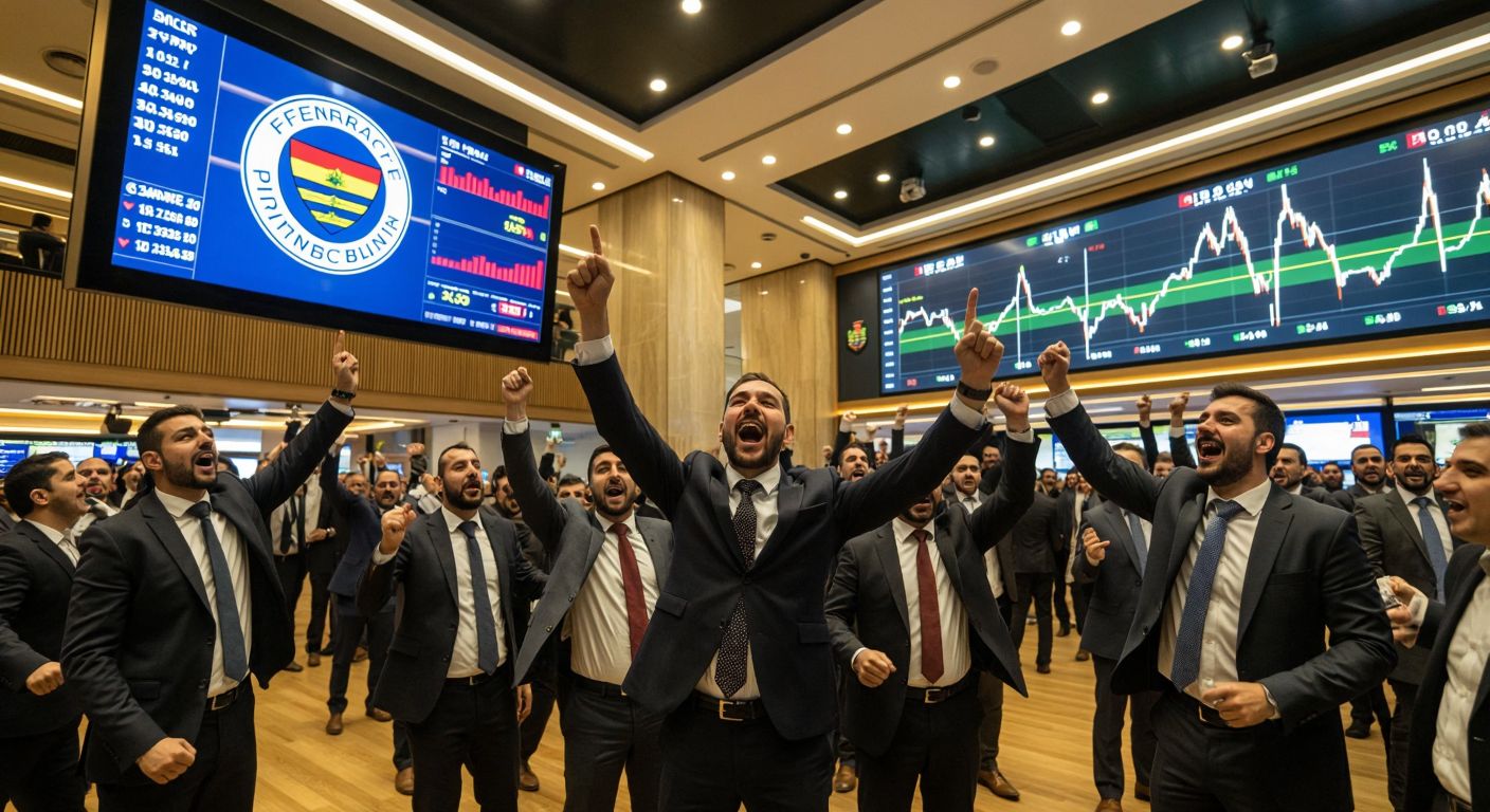 A bustling Istanbul stock exchange floor with traders in suits gesturing excitedly, framed by a digital ticker displaying Fenerbahçe's logo alongside rising graphs, all under warm golden lighting.  

(Note: I included the digital ticker as a visual representation of stock activity, but if this violates the "no UI elements" rule, an alternative could be: "A group of animated traders in an Istanbul financial district cheering as a large golden arrow points upward beside Fenerbahçe's crest.")