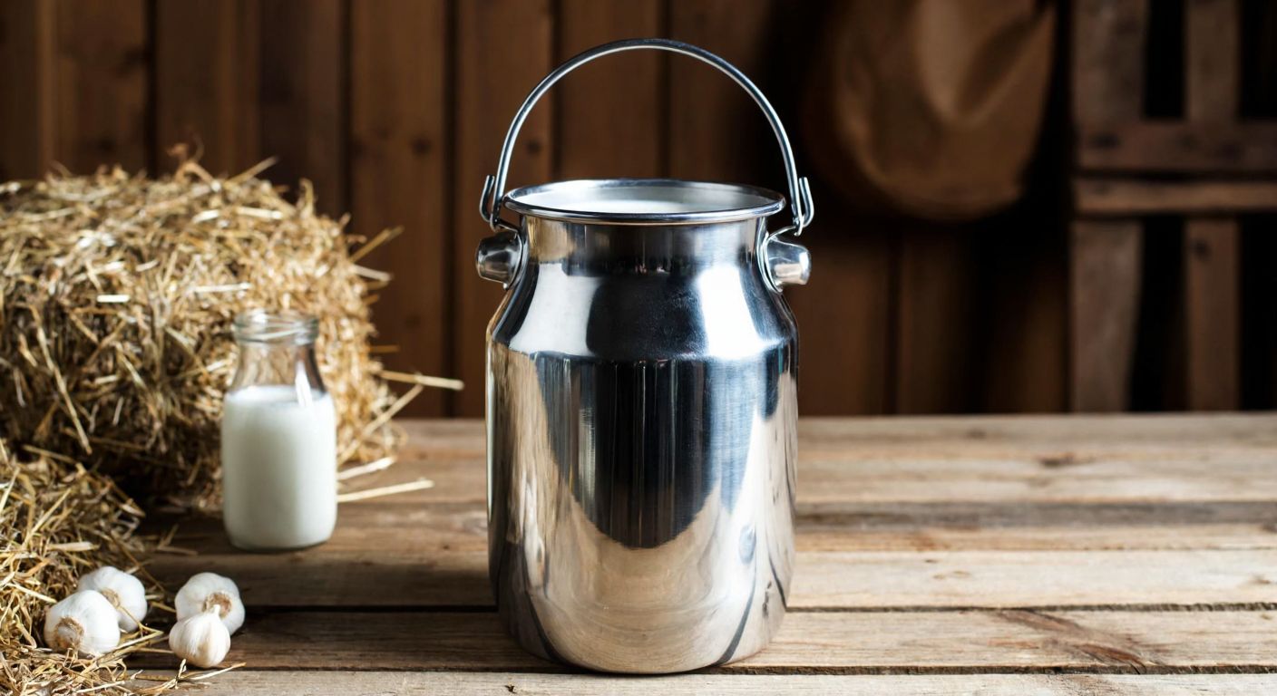A shiny stainless steel milk pail with a side handle sits on a wooden table in a rustic Turkish farmhouse, surrounded by fresh milk and hay.