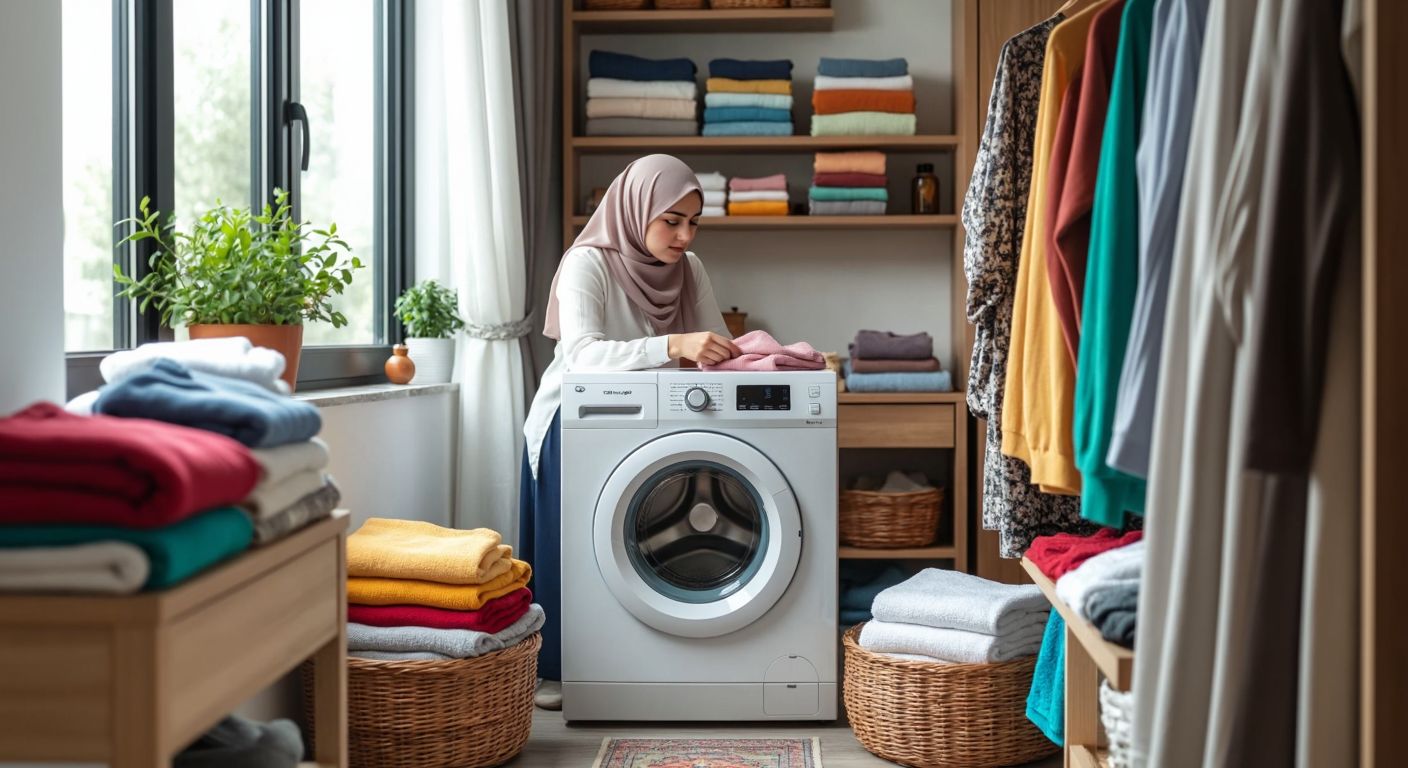 A modern white washing machine sits in a bright Turkish laundry room, surrounded by neatly folded piles of colorful cotton, synthetic, and woolen clothes, with a woman in a headscarf thoughtfully selecting a program.