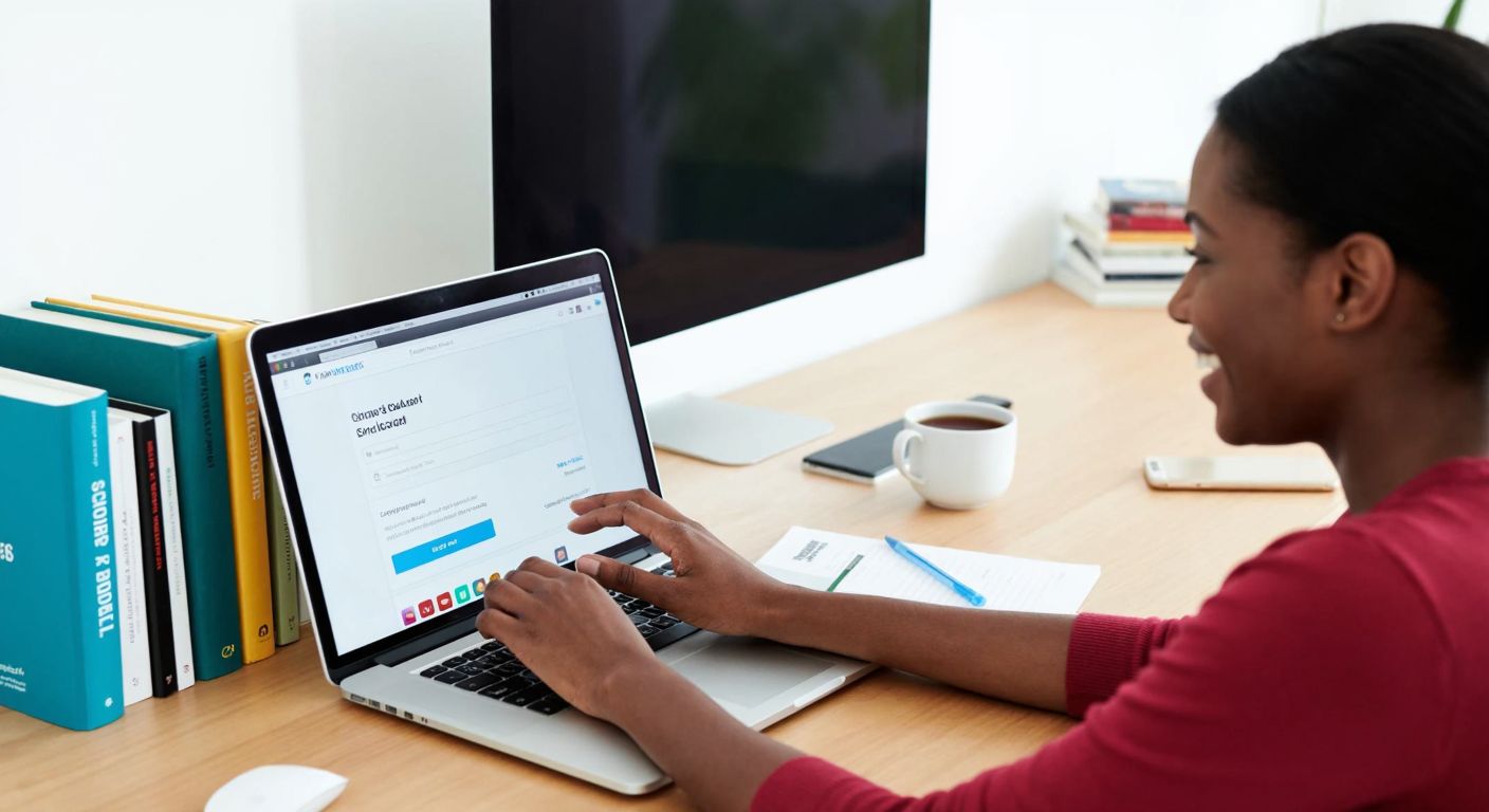 A person sitting at a desk with a laptop open, smiling while navigating a school-related app interface, surrounded by books and a cup of tea.