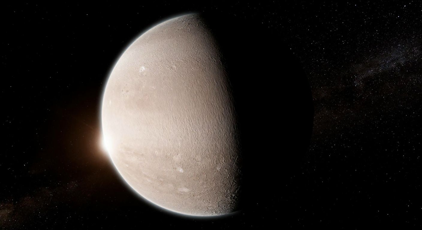 A distant, icy dwarf planet Pluto slowly rotating against a starry cosmos, with faint sunlight glinting off its rugged, frost-covered surface.