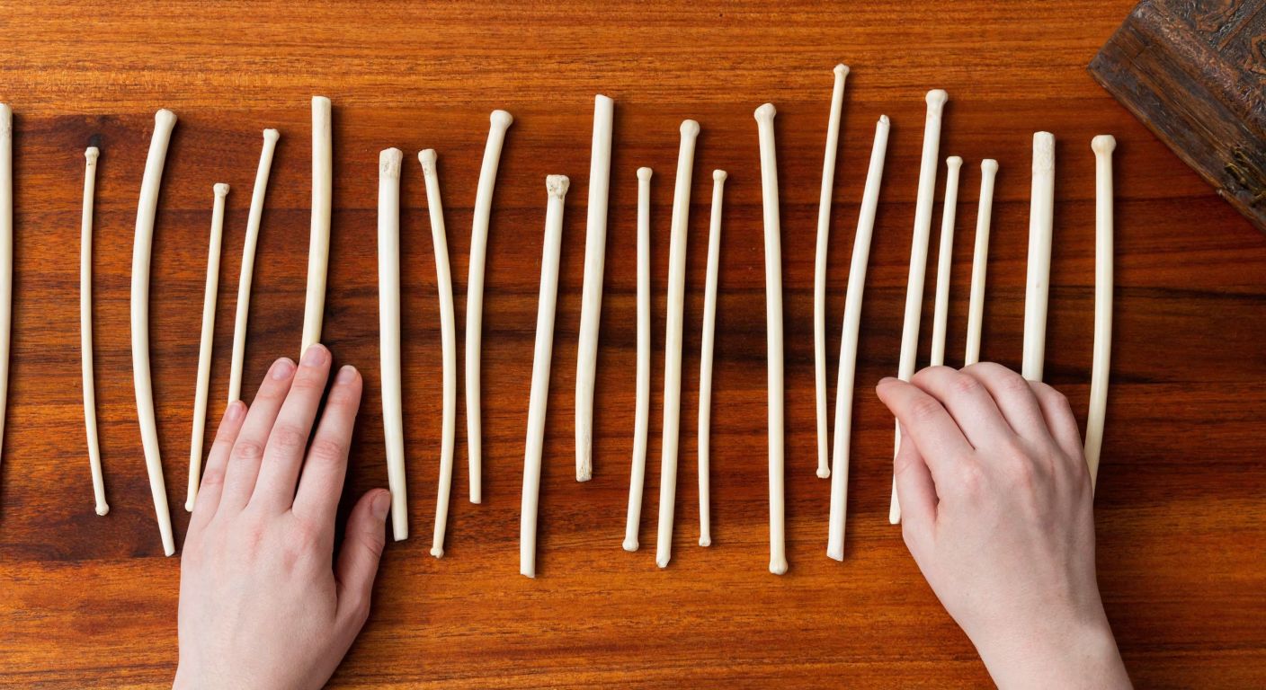 A wooden table scattered with slender, carved bone rods arranged in a grid pattern, with a person’s hands carefully aligning them for multiplication, their fingers tracing the intersecting lines to calculate.
