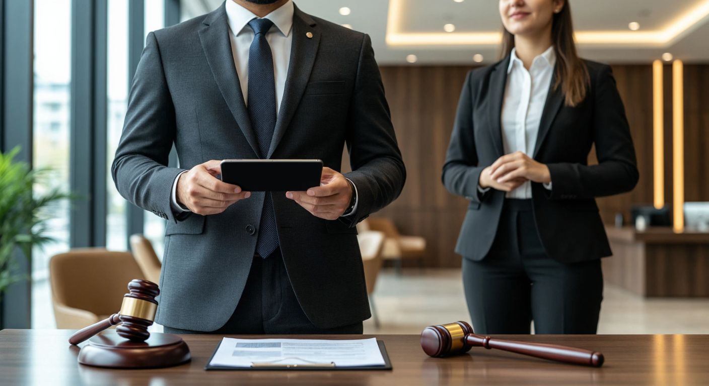 A professional in a formal suit stands confidently in a Turkish bank lobby, holding a digital payment device while a banker in a crisp uniform nods approvingly, with a gavel and legal documents subtly placed on a nearby desk.