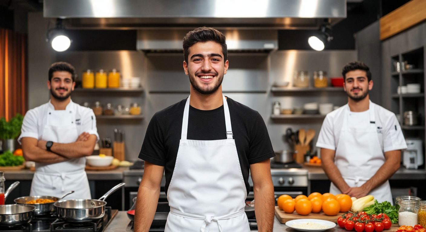 A young Turkish man, Görkem, wearing a white chef's apron with a proud smile, stands in a bright MasterChef kitchen surrounded by colorful ingredients and gleaming cookware, while two other contestants, Burak and Kıvanç, watch with mixed emotions.